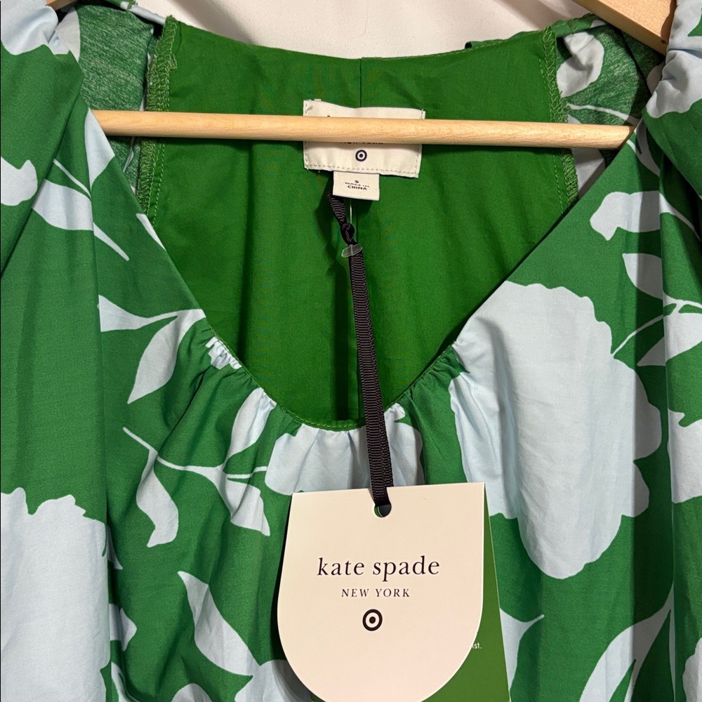 Kate Spade White Floral Green Dress SZ S 100% Cotton Quiet Luxury NWT - Picture 2 of 9